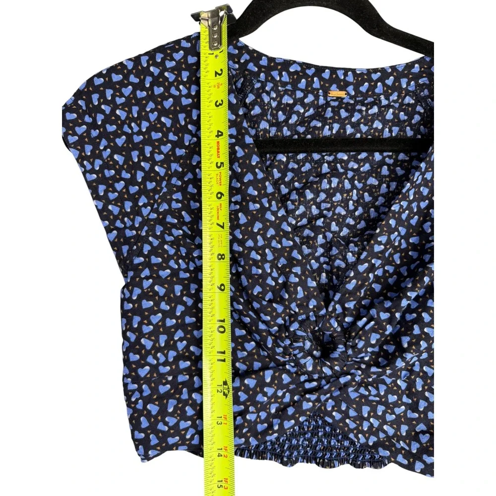 Free People Heart Print Twist Front Crop Top Blue Black V-Neck Smocked Back
